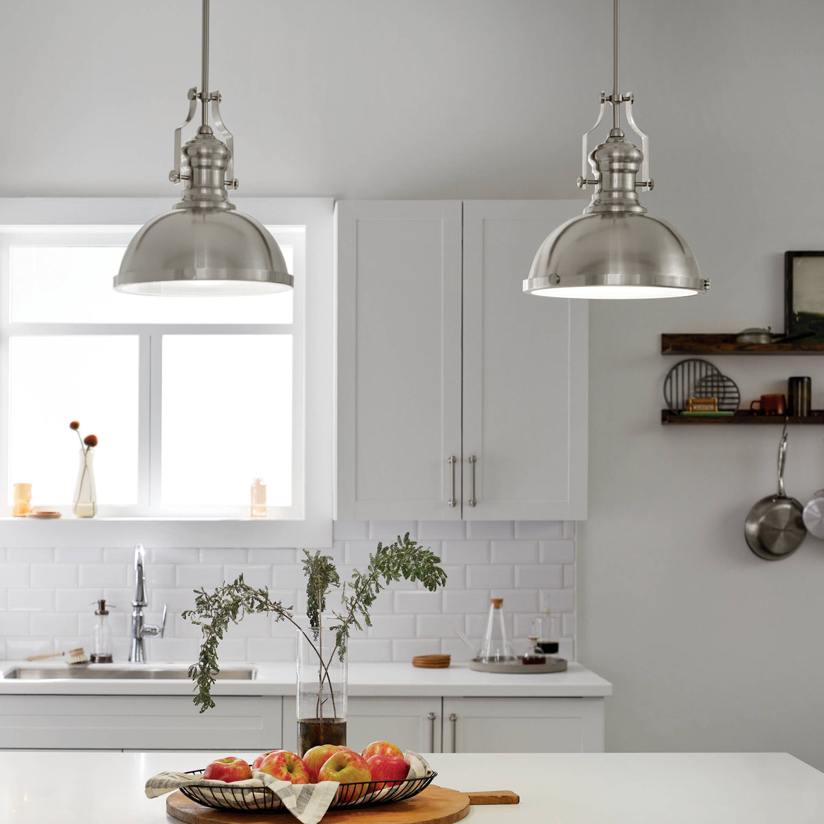 Kichler Satin Nickel Industrial Frosted Glass Dome LED Pendant Light, 13-in