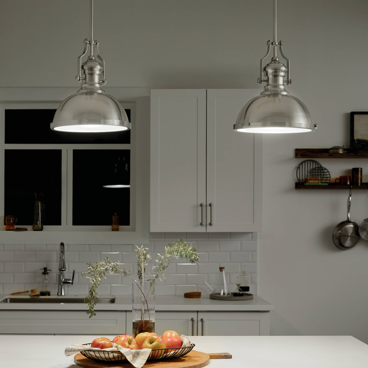 Kichler Satin Nickel Industrial Frosted Glass Dome LED Pendant Light, 13-in