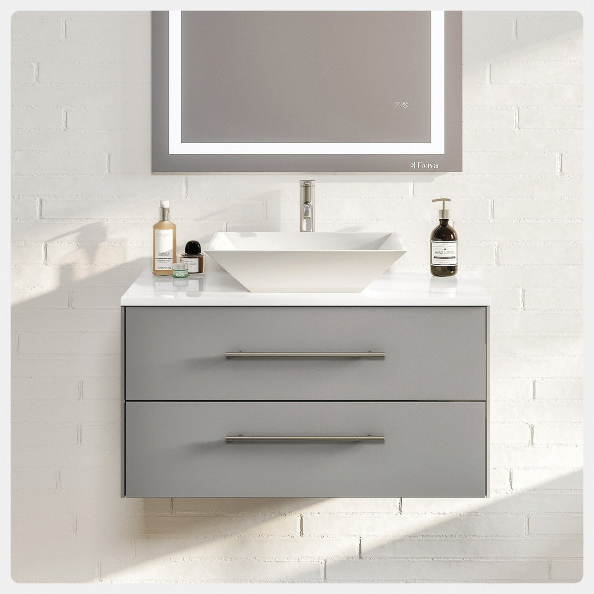 Eviva Totti Wave 30 in. W x 21.5 in. D x 16.5 in. H Floating Bathroom Vanity in Gray with White Glass Top and Vessel Sink