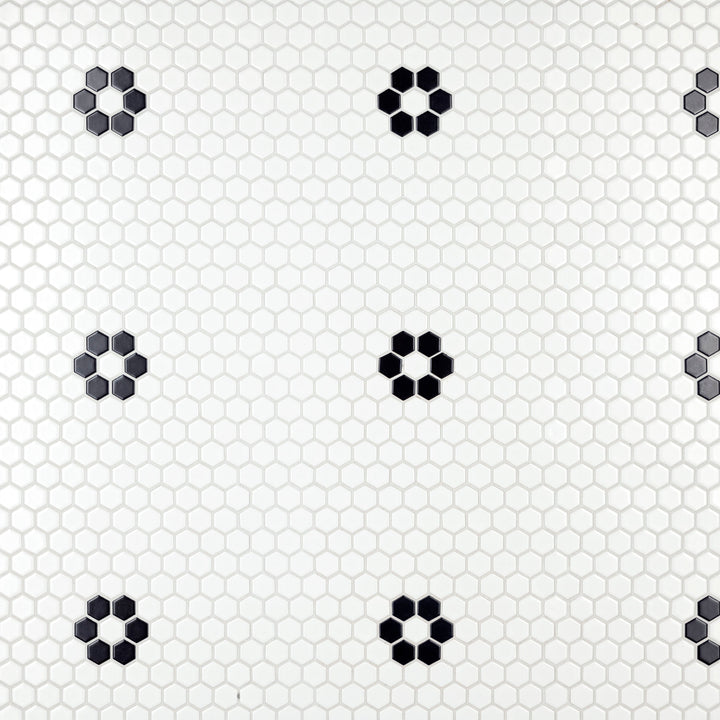 Affinity Tile Metro 1" Hex Matte White with Single Flower 10-in x 12-in Matte Porcelain Hexagon Mosaic Floor and Wall Tile product image