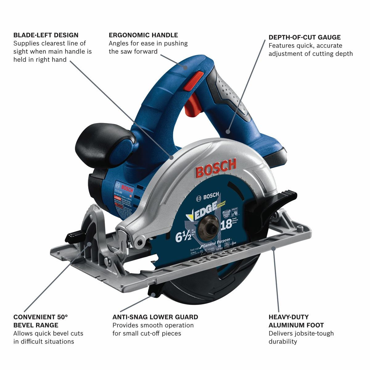 Bosch 18-Volt 6-1/2-in Cordless Circular Saw with Brake and Aluminum Shoe