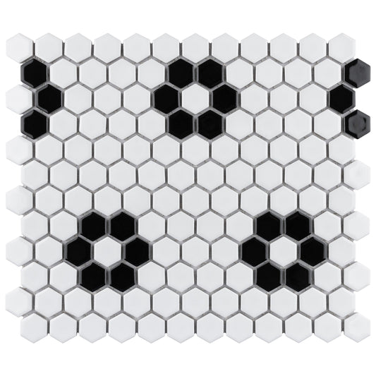 Affinity Tile Metro 1" Hex Glossy White with Flower 10-in x 12-in Glossy Porcelain Hexagon Mosaic Floor and Wall Tile product image