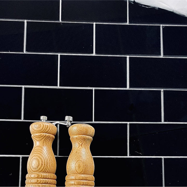 Abolos Reflections Black 3-in x 6-in Glossy Glass Subway Peel and stick Wall Tile product image