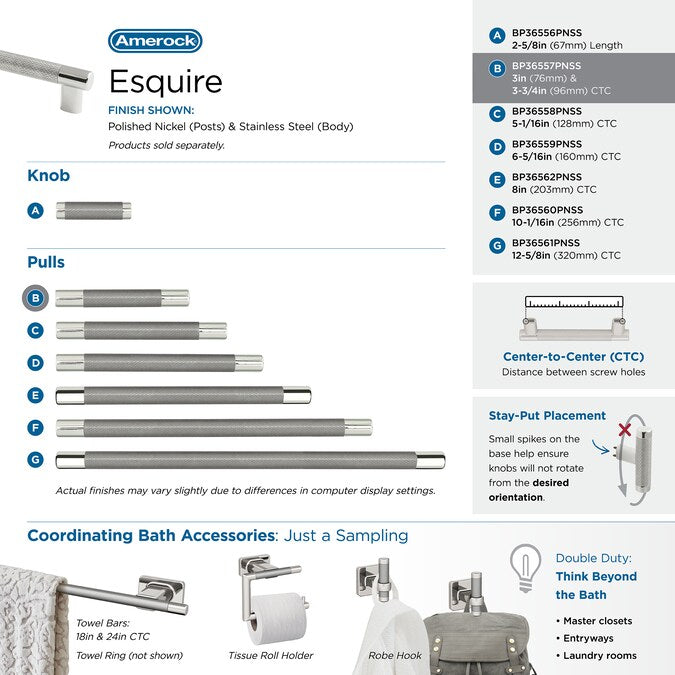 Amerock Esquire 3-in or 3-3/4-in (76Mm or 96mm) Center to Center Dual Mount Cylindrical Bar Drawer Pull