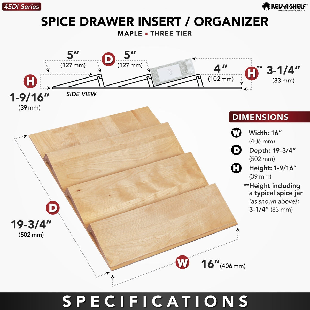 Rev-A-Shelf 4SDI Series 16-in W x 1.56-in H 3-Tier Maple Spice Drawer Insert, Trim-to-Fit