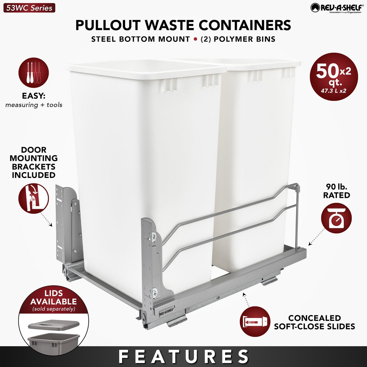Rev-A-Shelf 50-Quart Plastic Soft-Close Dual Pull-Out Trash Can, 14.75W x 22.25D x 22.88H