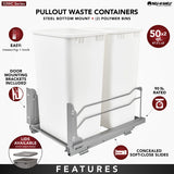 Rev-A-Shelf 50-Quart Plastic Soft-Close Dual Pull-Out Trash Can, 14.75W x 22.25D x 22.88H