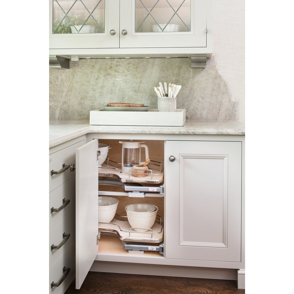 Rev-A-Shelf Cloud 37.63-in W x 24.44-in H 2-Tier Blind Corner Cabinet Pull-Out Organizer, Maple, Right Door/Blind Left