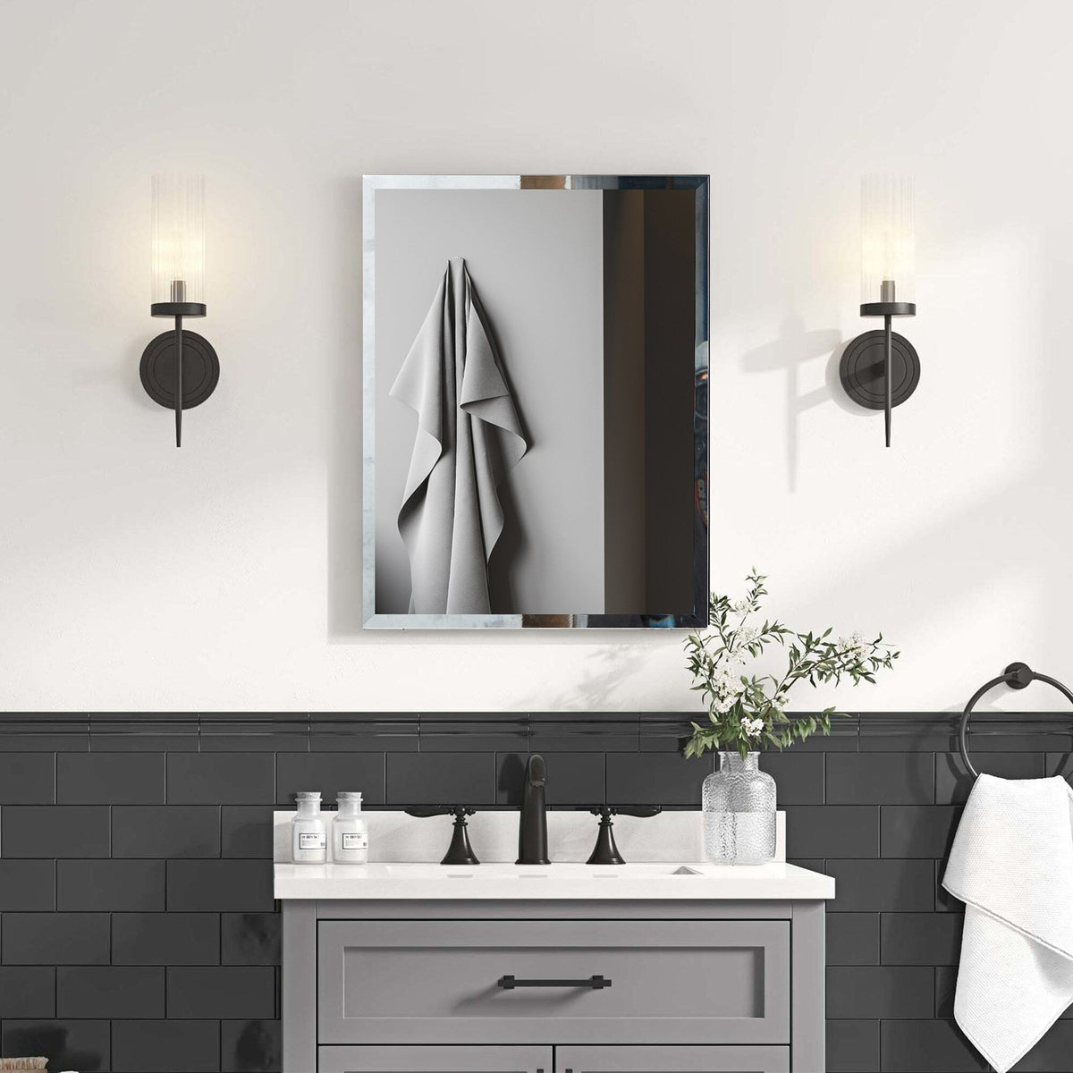 WELLFOR KAIF 16-in x 20-in Surface/Recessed Mount Black Mirrored Soft Close Medicine Cabinet