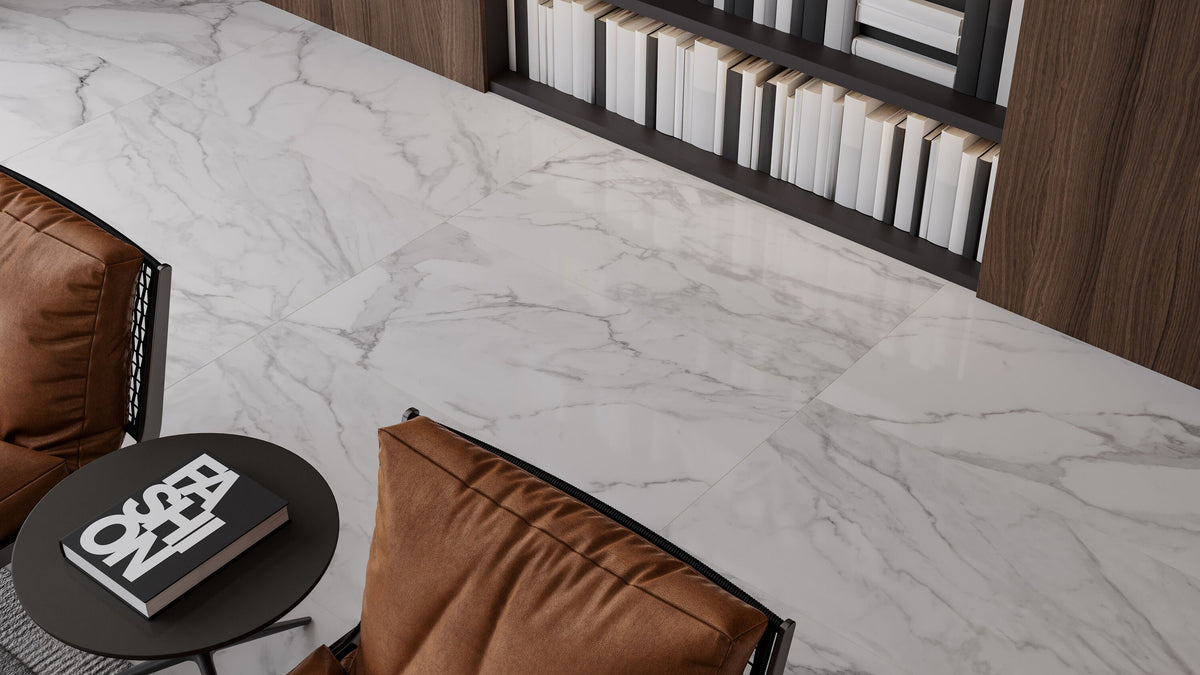 Satori Regent Statuario Abisso 24-in x 48-in Polished Porcelain Marble-Look Floor and Wall Tile, Rectified (7.75-sq ft/Piece)