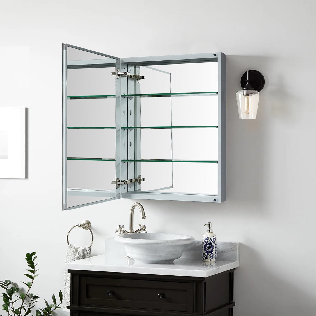 WELLFOR DH 23-in x 30-in Surface/Recessed Mount Satin Aluminum Mirrored Soft Close Medicine Cabinet