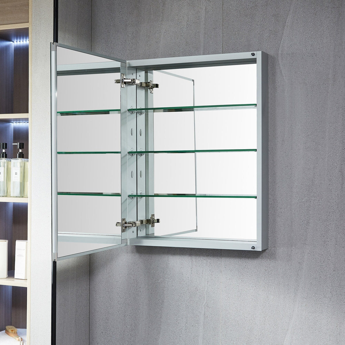 WELLFOR DH 23-in x 30-in Surface/Recessed Mount Satin Aluminum Mirrored Soft Close Medicine Cabinet