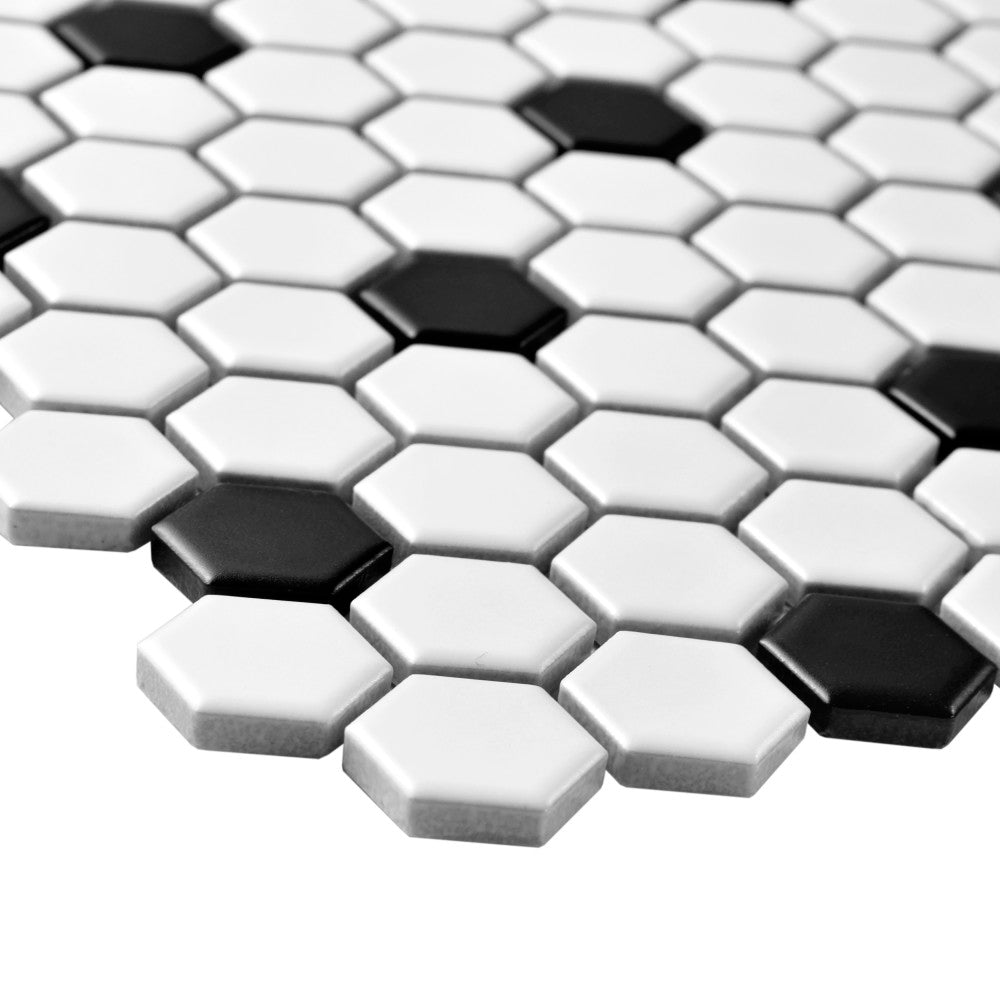 Merola Tile Metro Hex Matte White with Black Dot 10-1/4 in. x 11-7/8 in. x 6mm Porcelain Mosaic Tile (8.65 sq. ft. / Case)