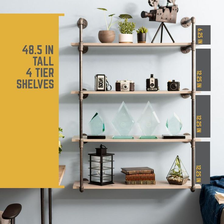 1/2 in. Black Pipe 11.75 in. D x 48.5 in. H Wall Mounted 4-Tier Shelf Kit