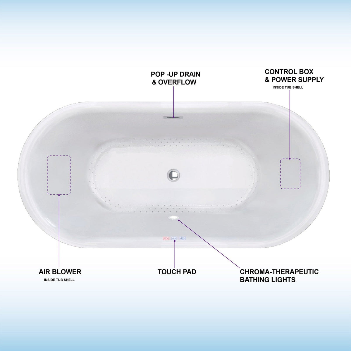 WOODBRIDGE Tion 59 in. Acrylic Freestanding Double-Ended Air Bath Bathtub with Chrome Drain and Overflow, White