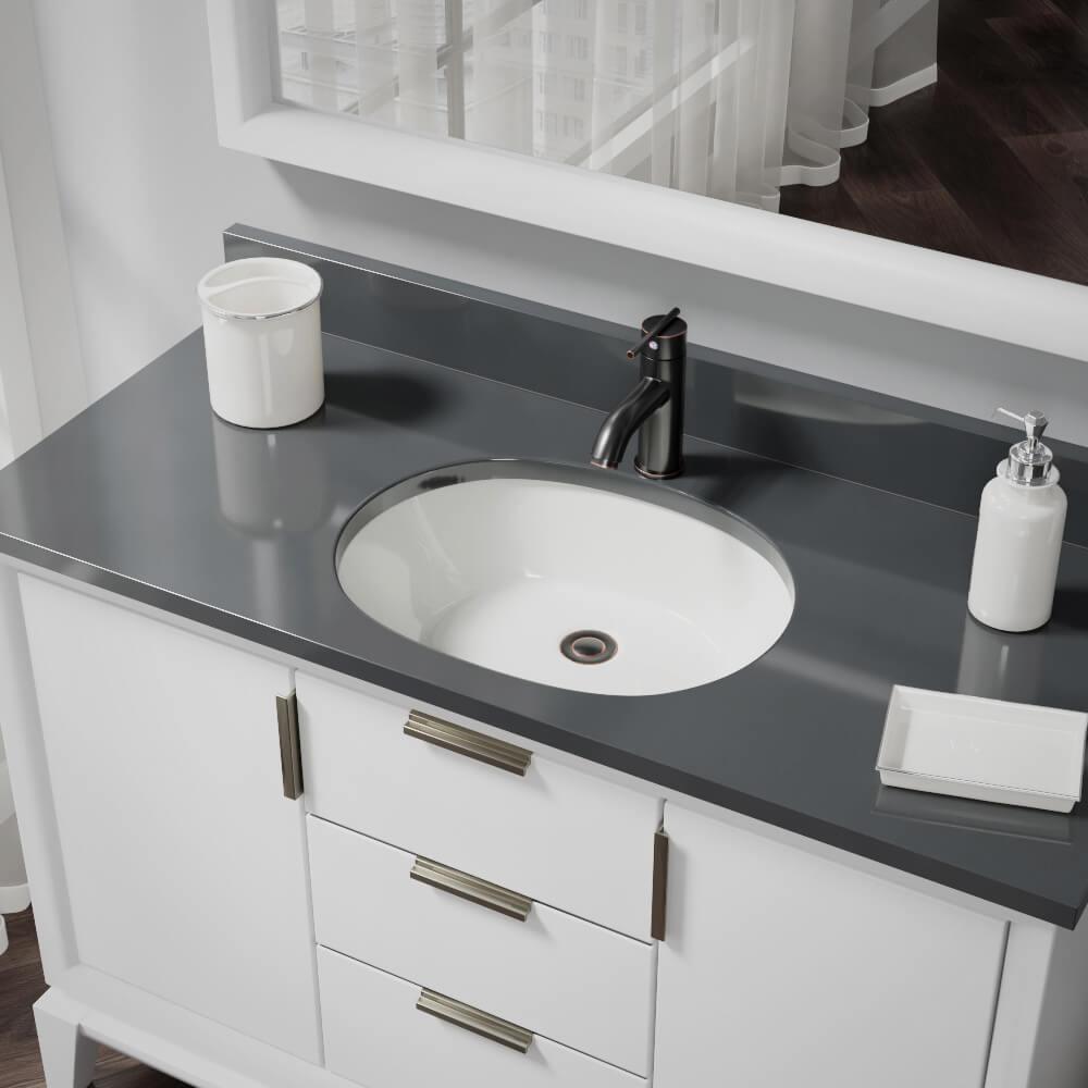 Under-Mount Porcelain Bathroom Sink in White with Pop-Up Drain in Brushed Nickel - Super Arbor