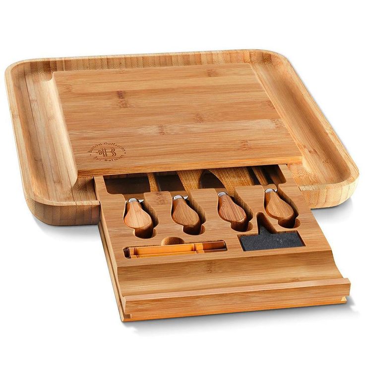 Bamboo Cheese Board and Cutlery Set with Slide Out Drawer