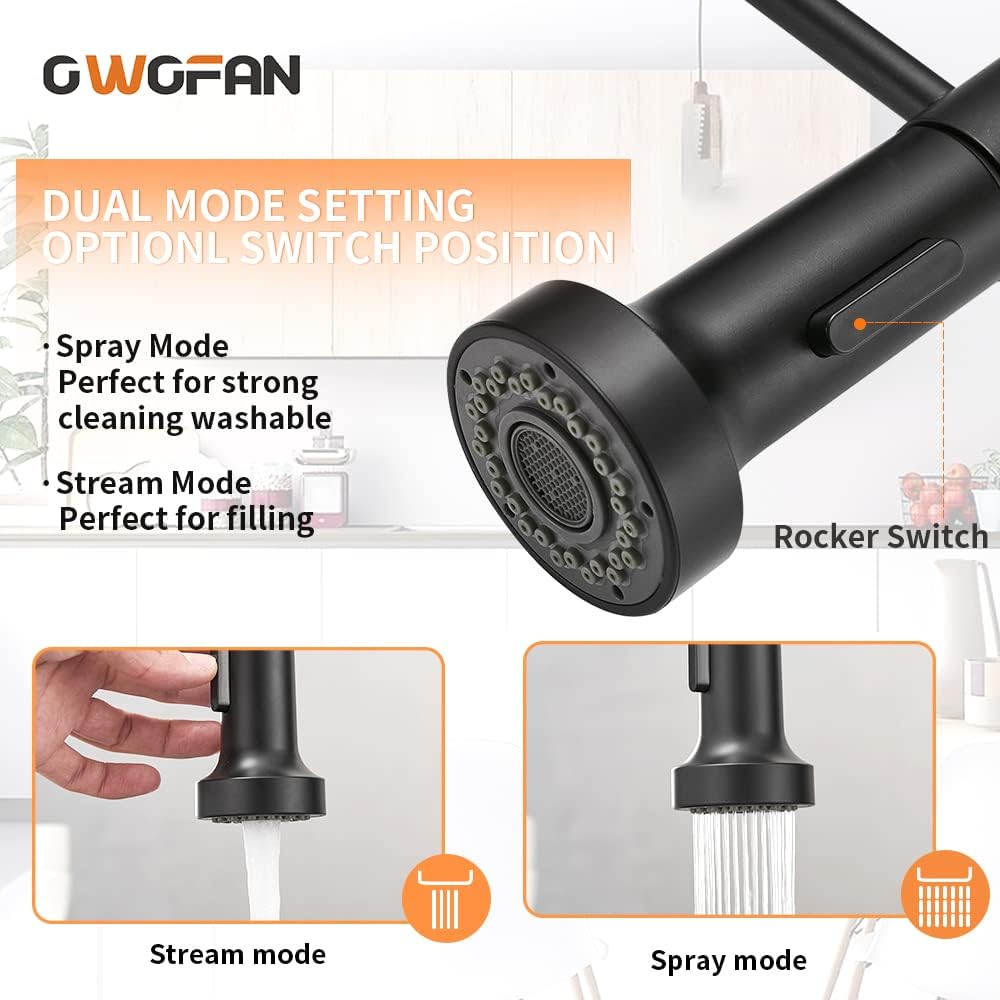 OWOFAN Black Kitchen Faucet with Pull Down Sprayer - Stainless Steel, Single Handle, Dual Function