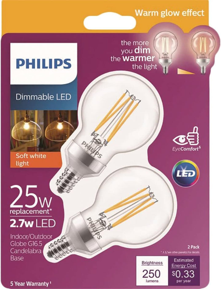 Philips 25-Watt Equivalent G16.5 Dimmable LED Light Bulb, Warm Glow Effect, Soft White, Candelabra Base (2-Pack)