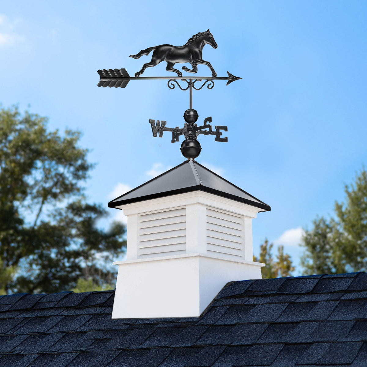Good Directions Manchester 18-in x 46-in Vinyl Cupola with Black Aluminum Roof and Black Horse Weathervane