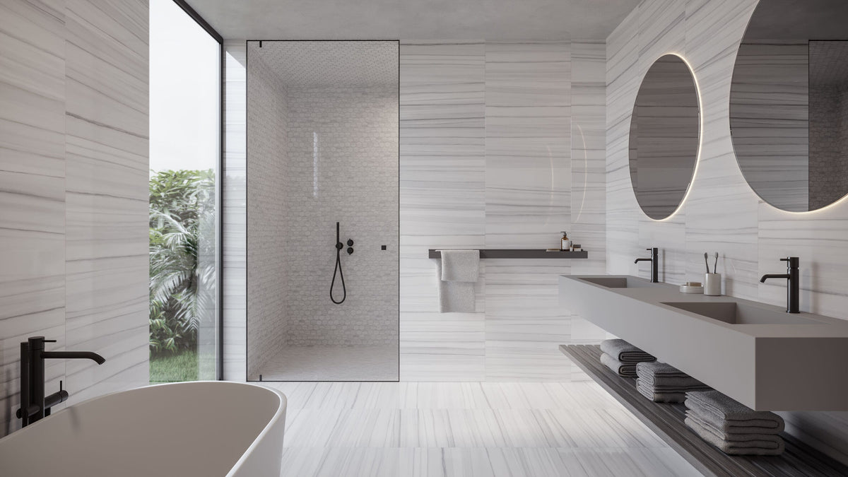 Satori Zebrino Ash 12-in x 12-in Polished Porcelain Marble Look Hexagon Mosaic Floor and Wall Tile (0.97-sq. ft/ Piece)