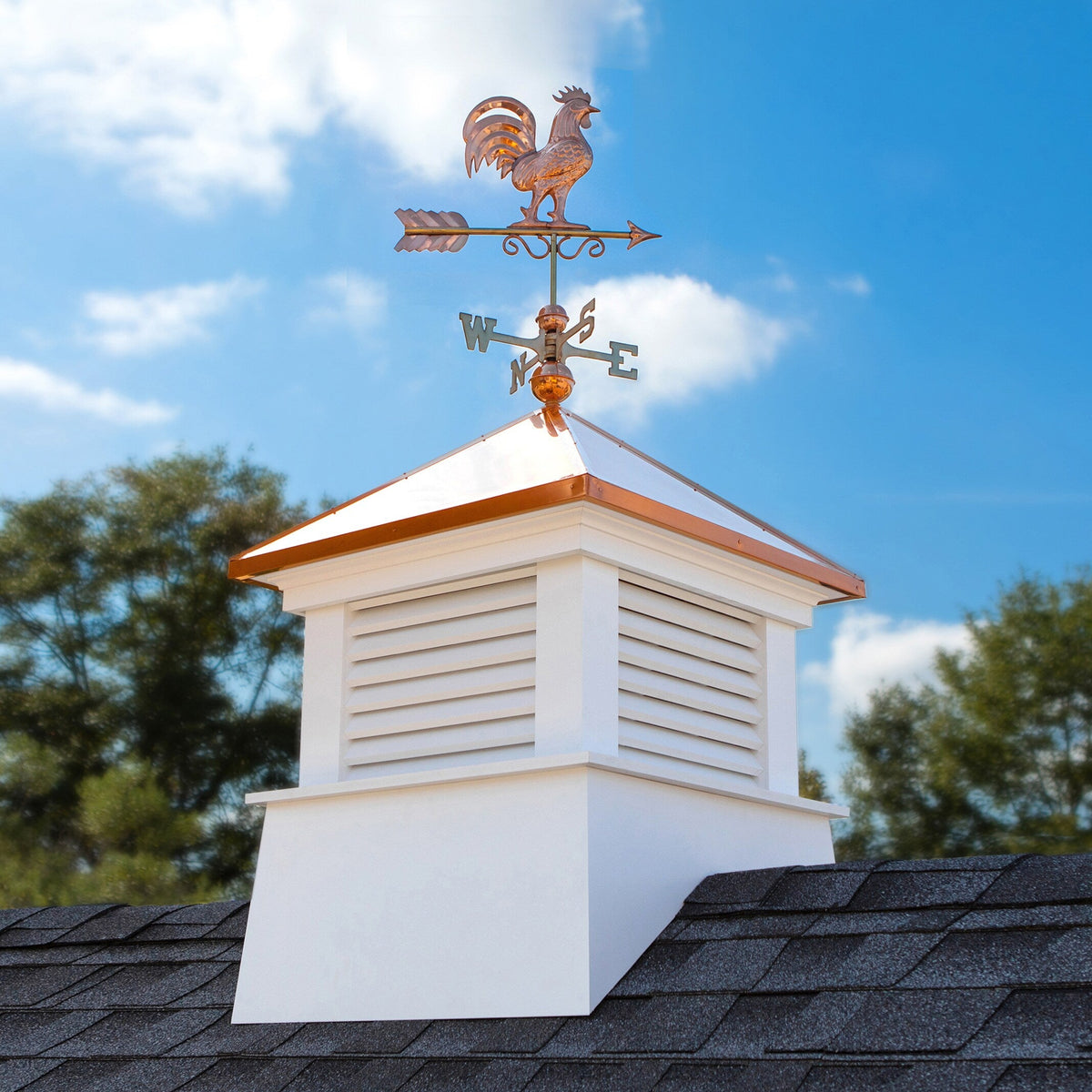 Good Directions Manchester Cupola with Copper Rooster Weathervane, 30-in x 67-in White Vinyl Cupola with Copper Roof