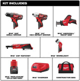 Milwaukee M12 12V Lithium-Ion Cordless Drill/Driver, Impact Driver, 3/8 in. Ratchet, HACKZALL Recip Saw & Worklight Combo Kit (5-Tool)