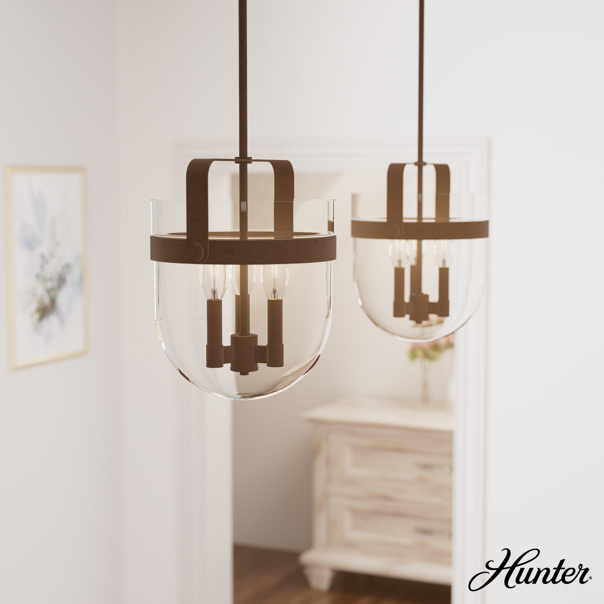 Hunter Karloff 3-Light Textured Rust Transitional Clear Glass Bell LED Medium Hanging Kitchen Island Light