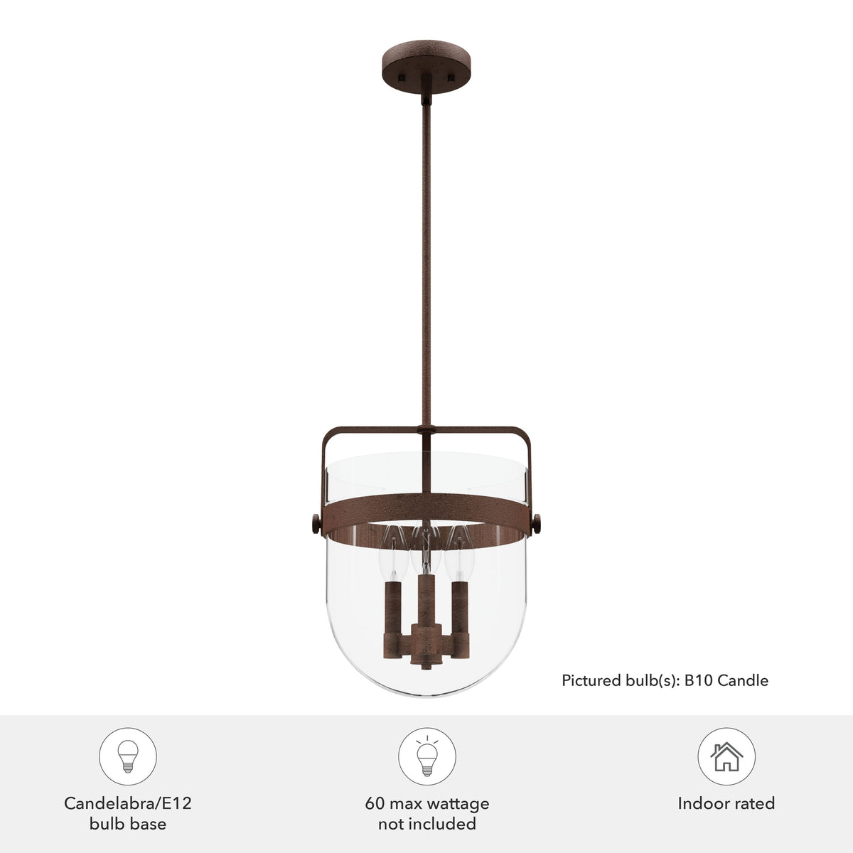 Hunter Karloff 3-Light Textured Rust Transitional Clear Glass Bell LED Medium Hanging Kitchen Island Light