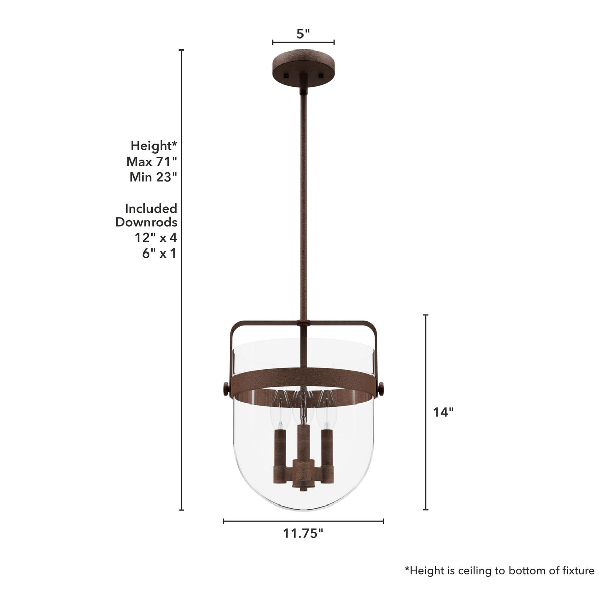 Hunter Karloff 3-Light Textured Rust Transitional Clear Glass Bell LED Medium Hanging Kitchen Island Light