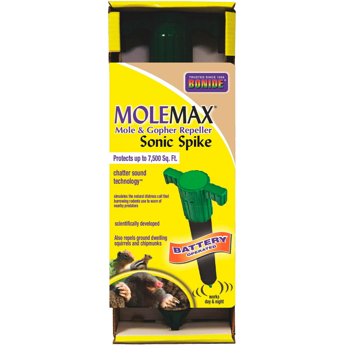 Bonide MoleMax Sonic Stake Animal Repellent for Moles & Gophers, Battery-Operated