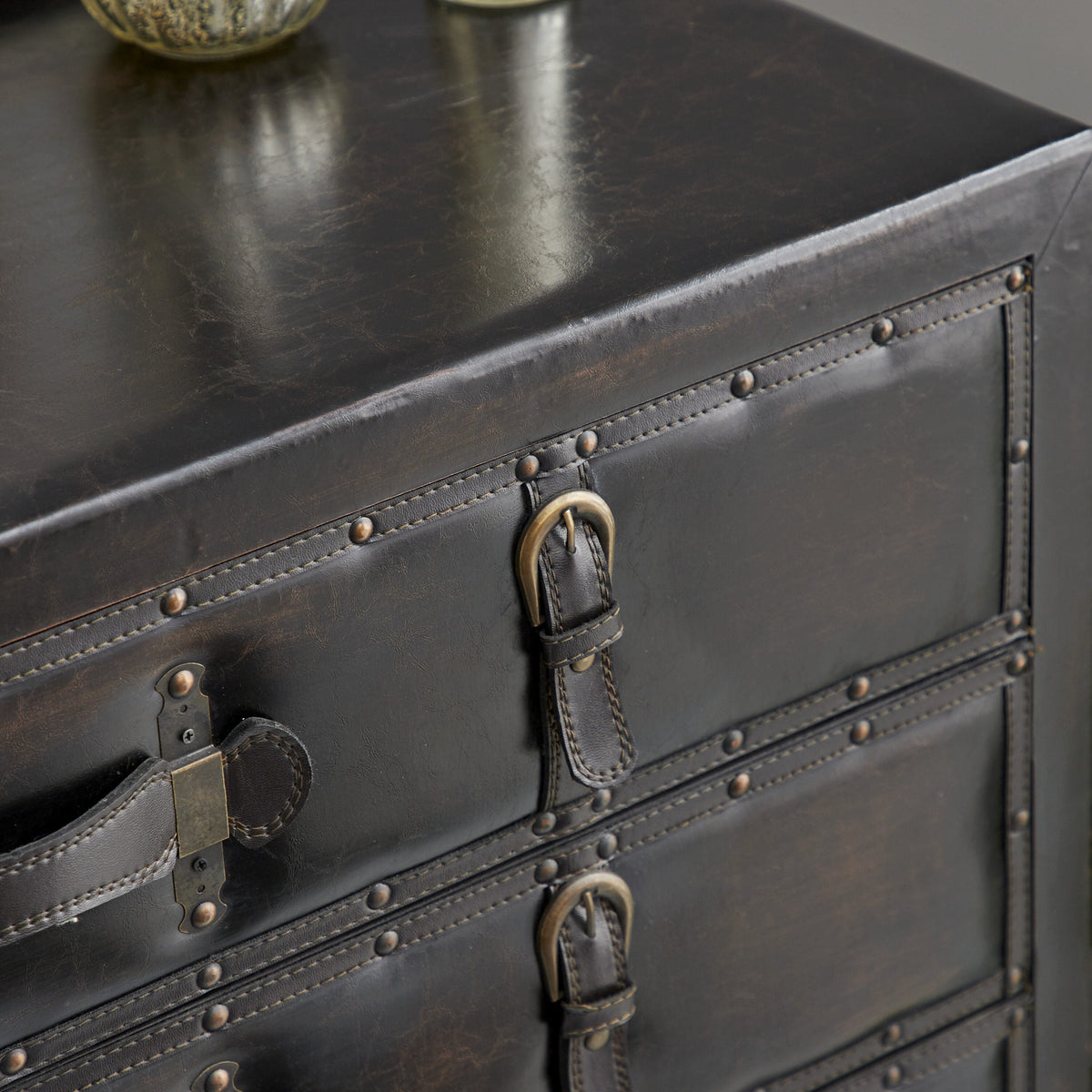 Grayson Lane Black Vintage Faux Leather with Buckles 5-Drawer Accent Chest