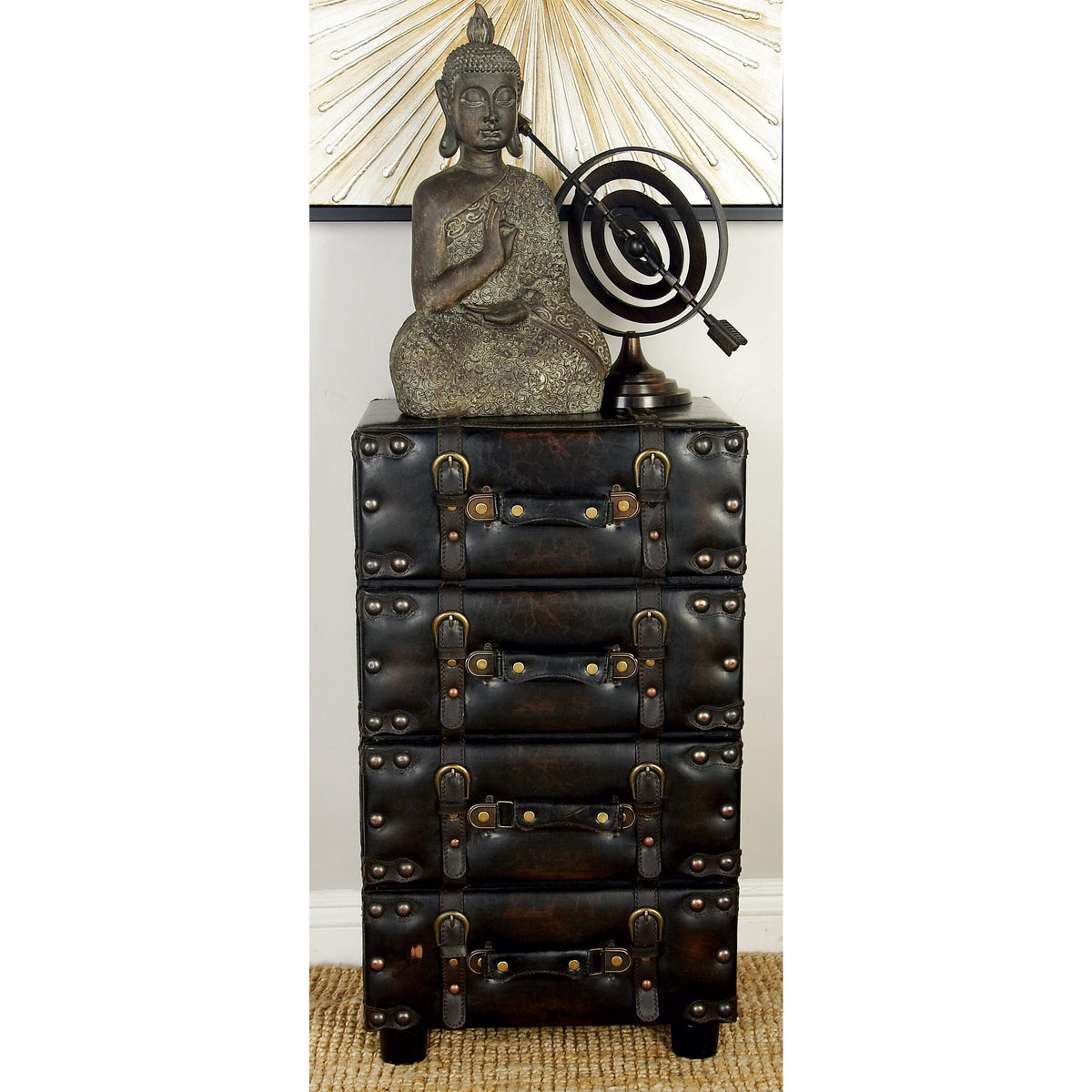 Grayson Lane Black Vintage Faux Leather with Stud Details Cedar 4-Drawer Accent Chest