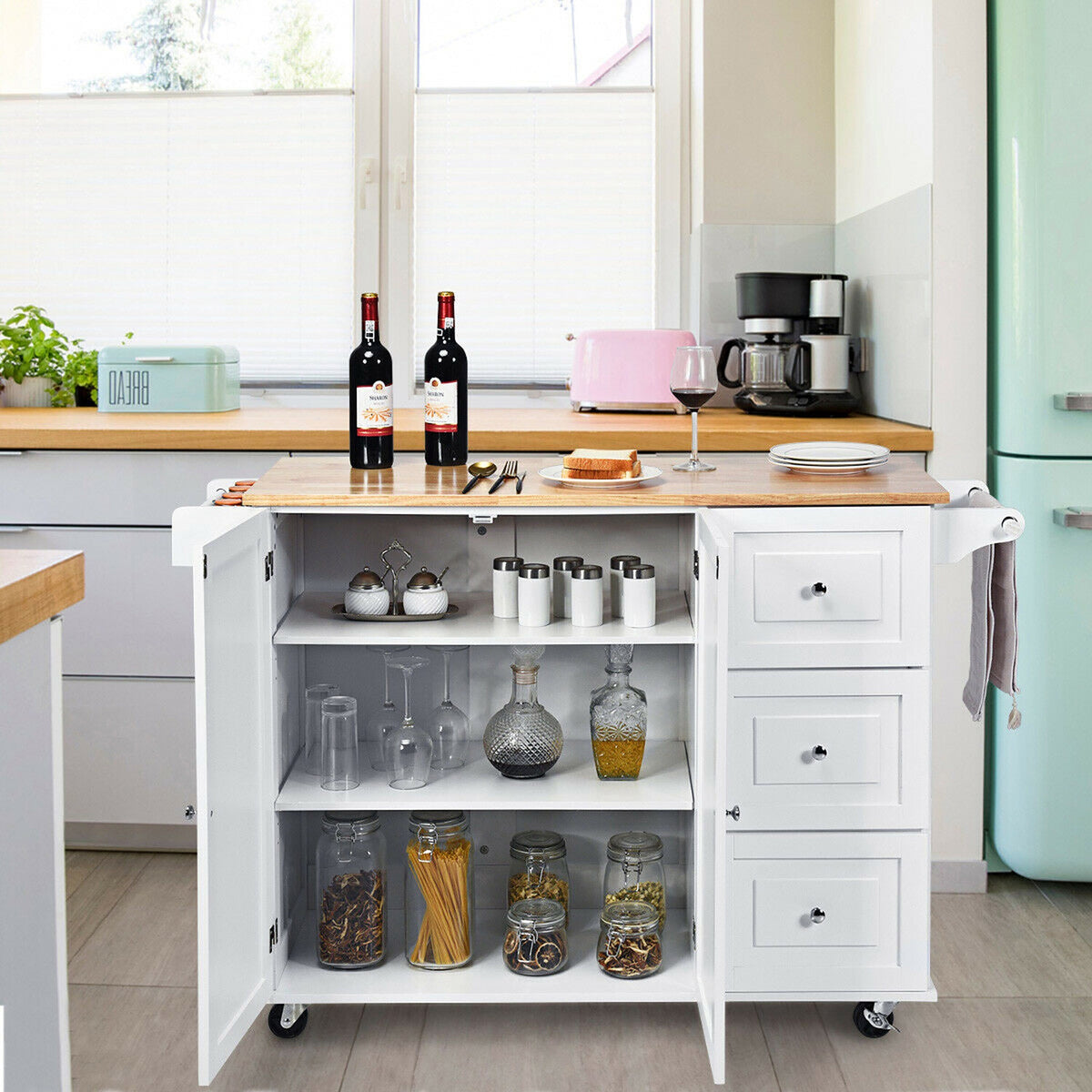 Goplus White Wood Base with Wood Top Rolling Kitchen Cart (30-in x 53.5-in x 36-in)
