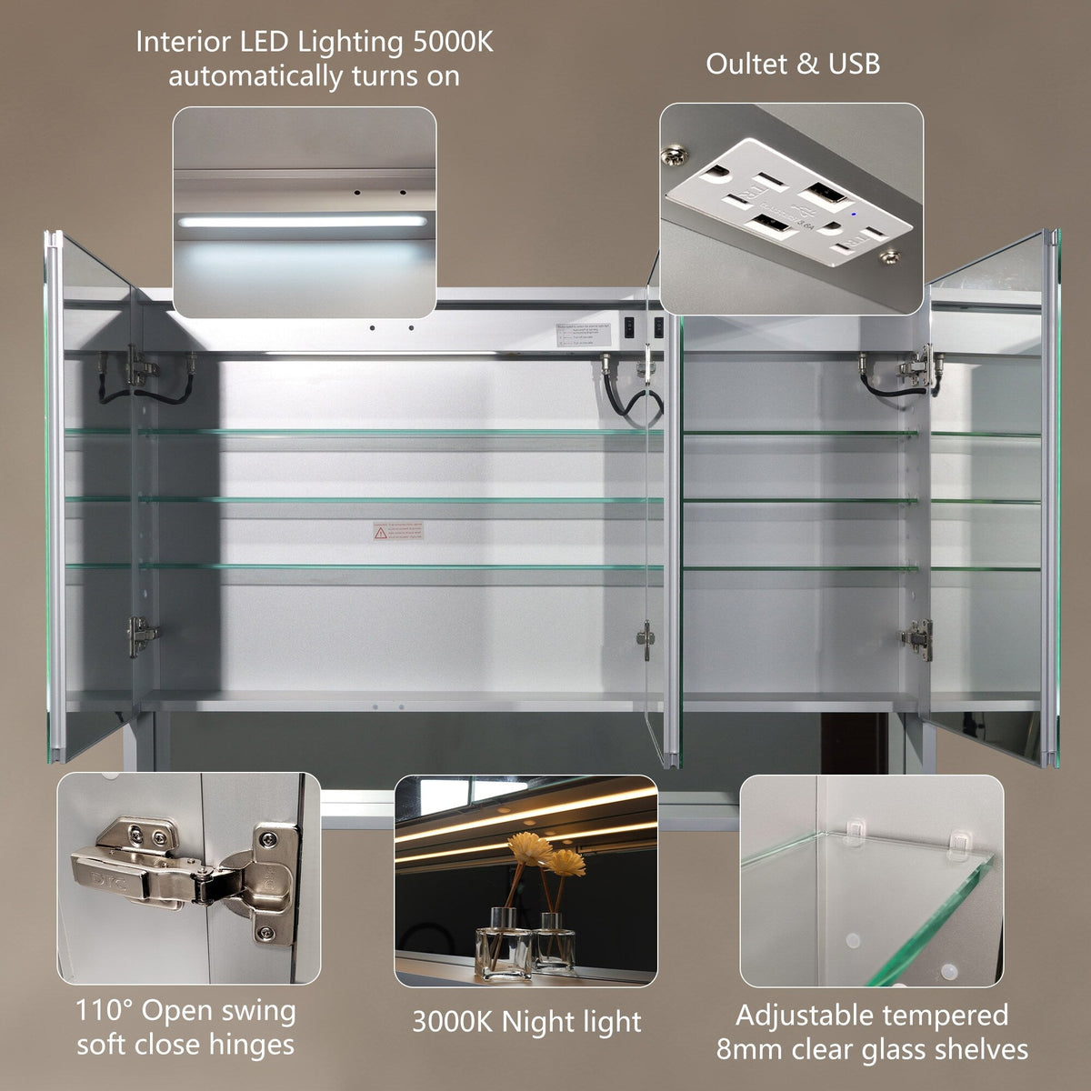 WELLFOR EX5 48-in x 32-in Lighted LED Fog Free Surface/Recessed Mount Silver Mirrored Soft Close Medicine Cabinet with Outlet