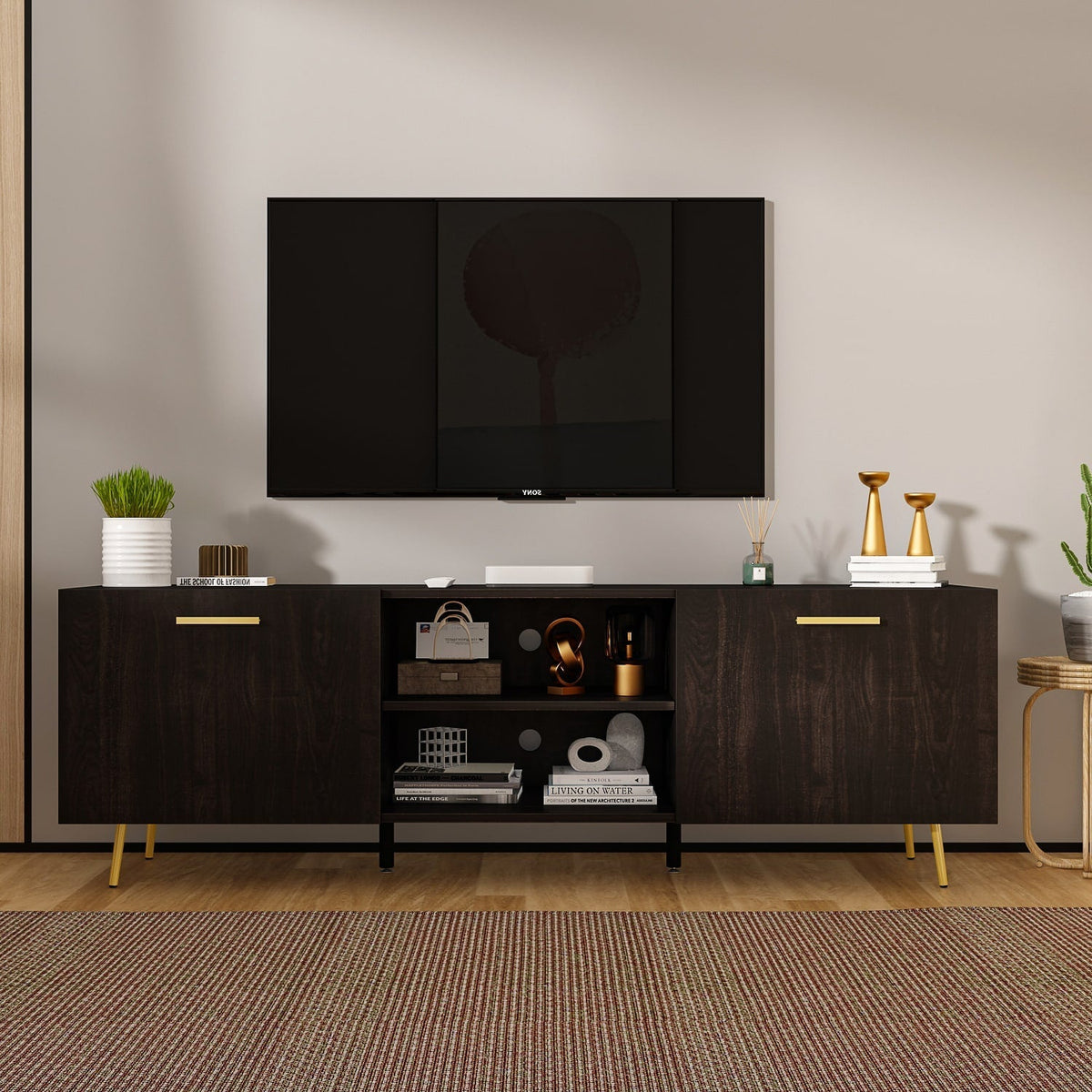 FUFU&GAGA TV Stand Modern/Contemporary Dark Brown Tv Cabinet Integrated Tv Mount (Accommodates TVs up to 70-in)