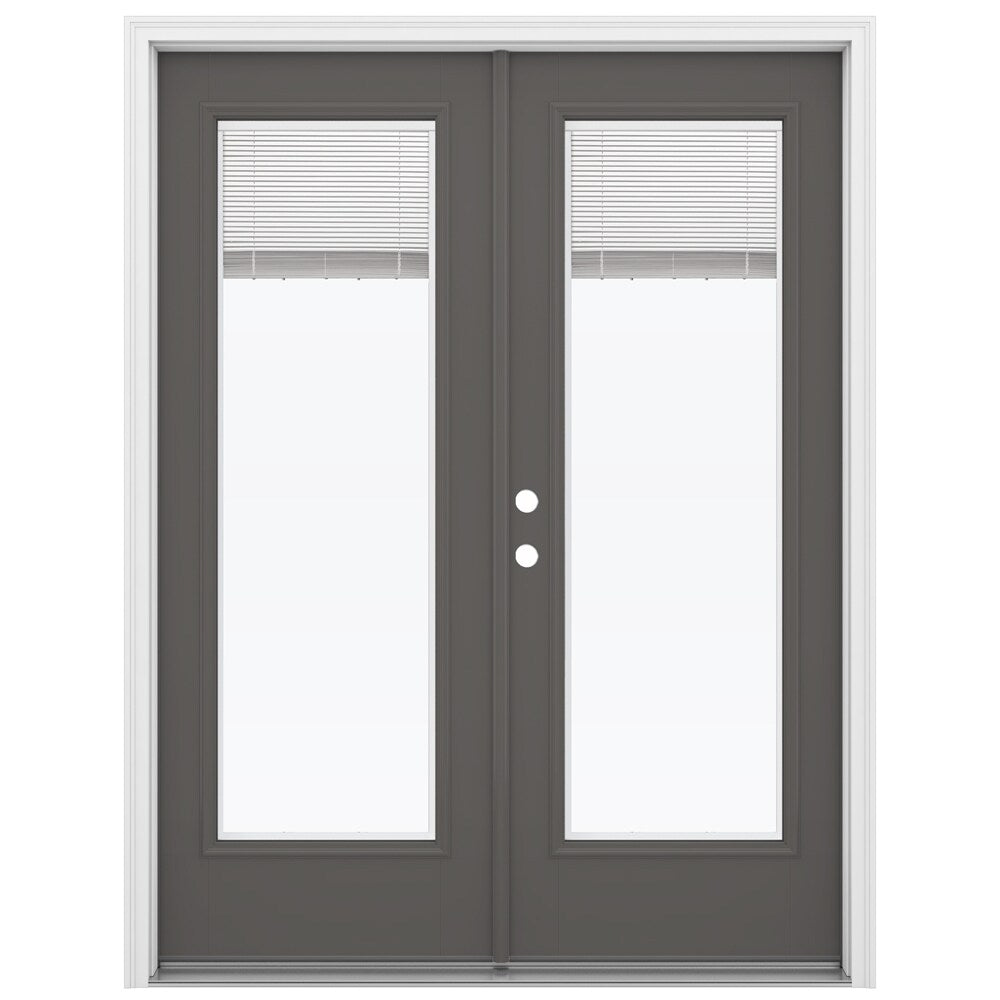 JELD-WEN 60-in x 80-in 4-9/16-in Low‑E Blinds-Between-the-Glass Primed Fiberglass French Right-Hand Inswing Double Patio Door, Brickmould Included