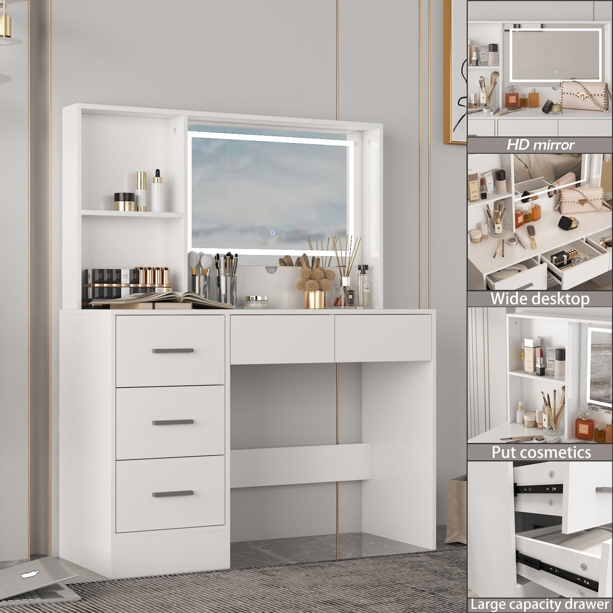 FUFU&GAGA Contemporary Makeup Vanity Table with Sliding Mirror and Adjustable Lights - White, 5 Drawers, 2-Tier Storage Cabinets, Durable MDF Material