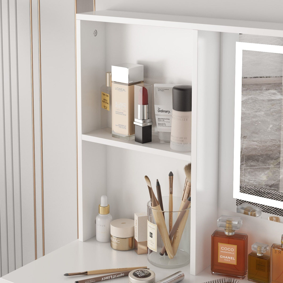 FUFU&GAGA Contemporary Makeup Vanity Table with Sliding Mirror and Adjustable Lights - White, 5 Drawers, 2-Tier Storage Cabinets, Durable MDF Material