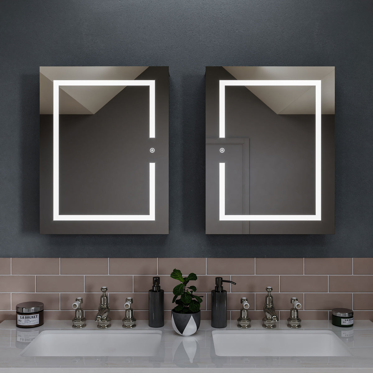 Croydex 20-in x 26-in Lighted LED Fog Free Surface/Recessed Mount Silver Mirrored Soft Close Medicine Cabinet with Outlet