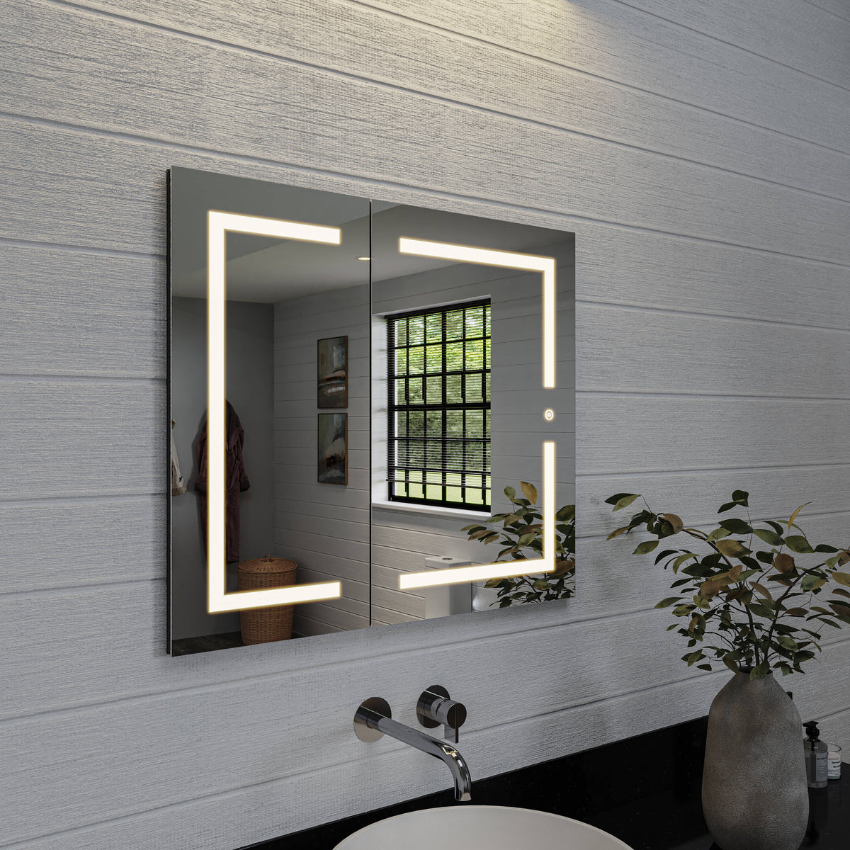 Croydex 30-in x 26-in Lighted LED Fog Free Surface/Recessed Mount Silver Mirrored Soft Close Medicine Cabinet with Outlet