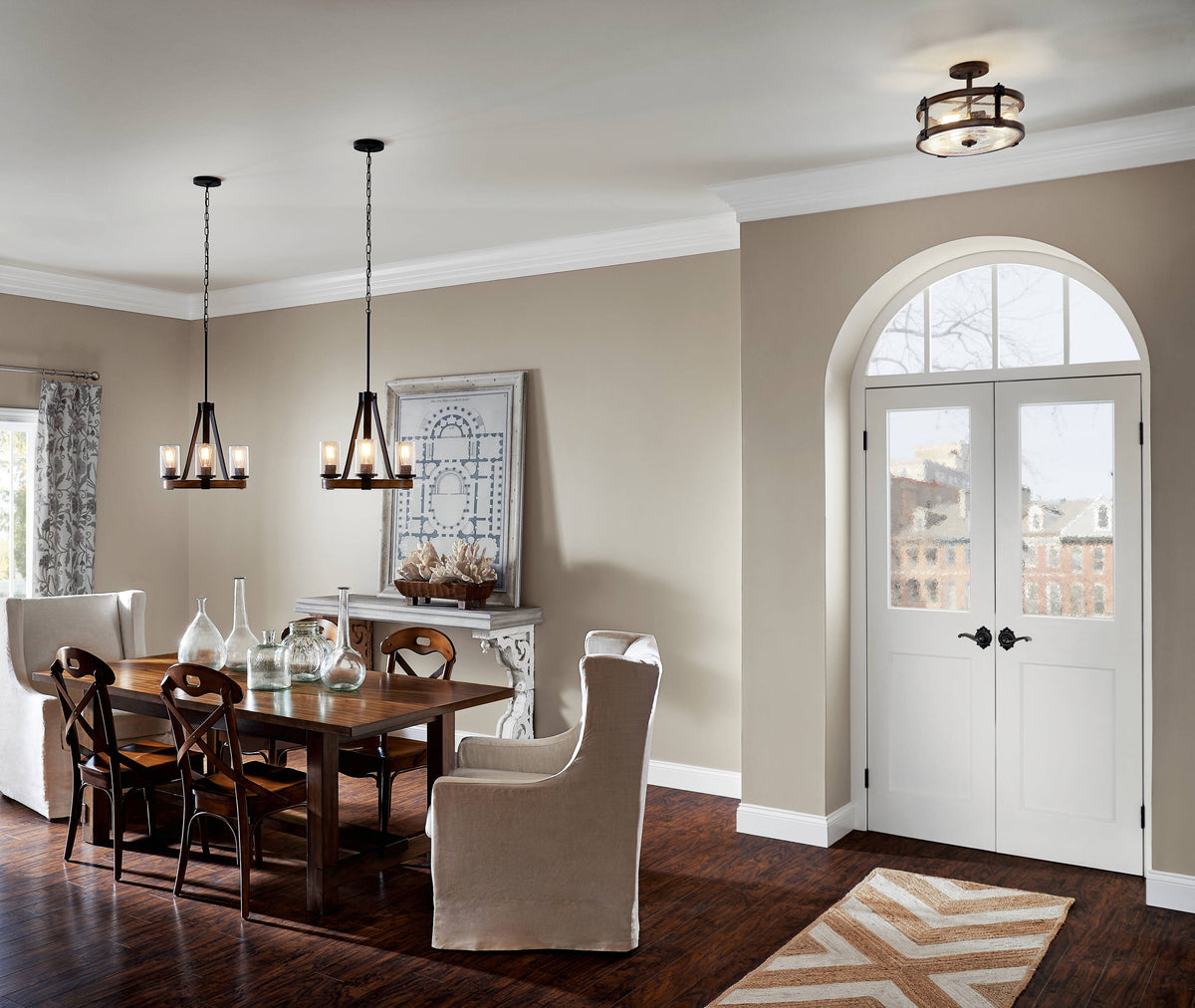 Kichler Barrington 14.75-in Distressed Black and Wood Tone Rustic Semi-Flush Mount Light, 3-Light