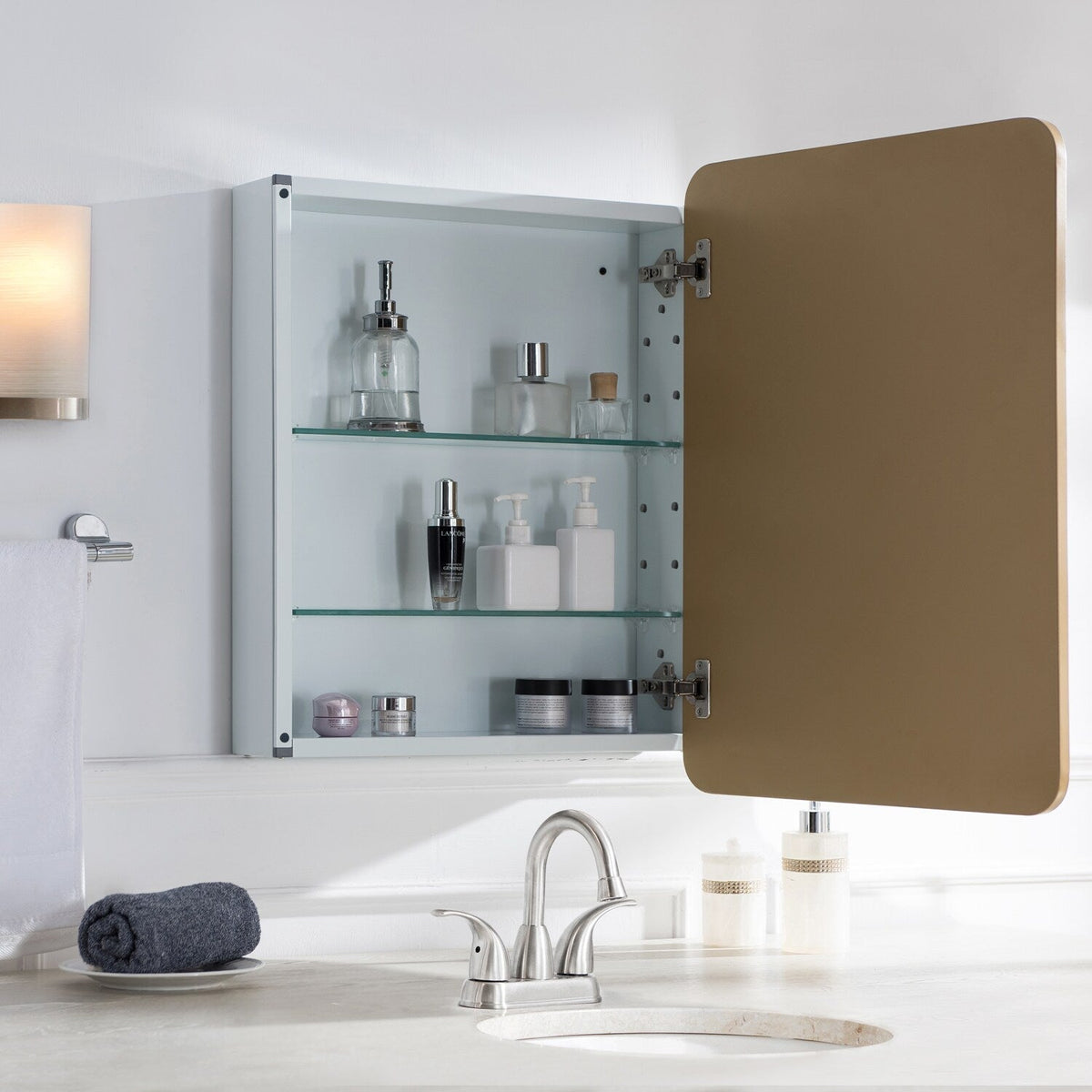 allen + roth 20-in x 26-in Surface/Recessed Mount Gold Mirrored Soft Close Medicine Cabinet