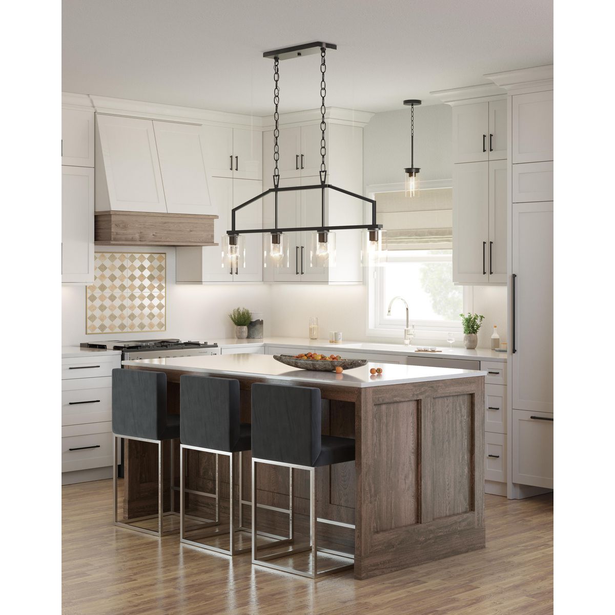 Progress Lighting Goodwin 4-Light Matte Black Farmhouse Clear Glass Linear Large Hanging Kitchen Island Light