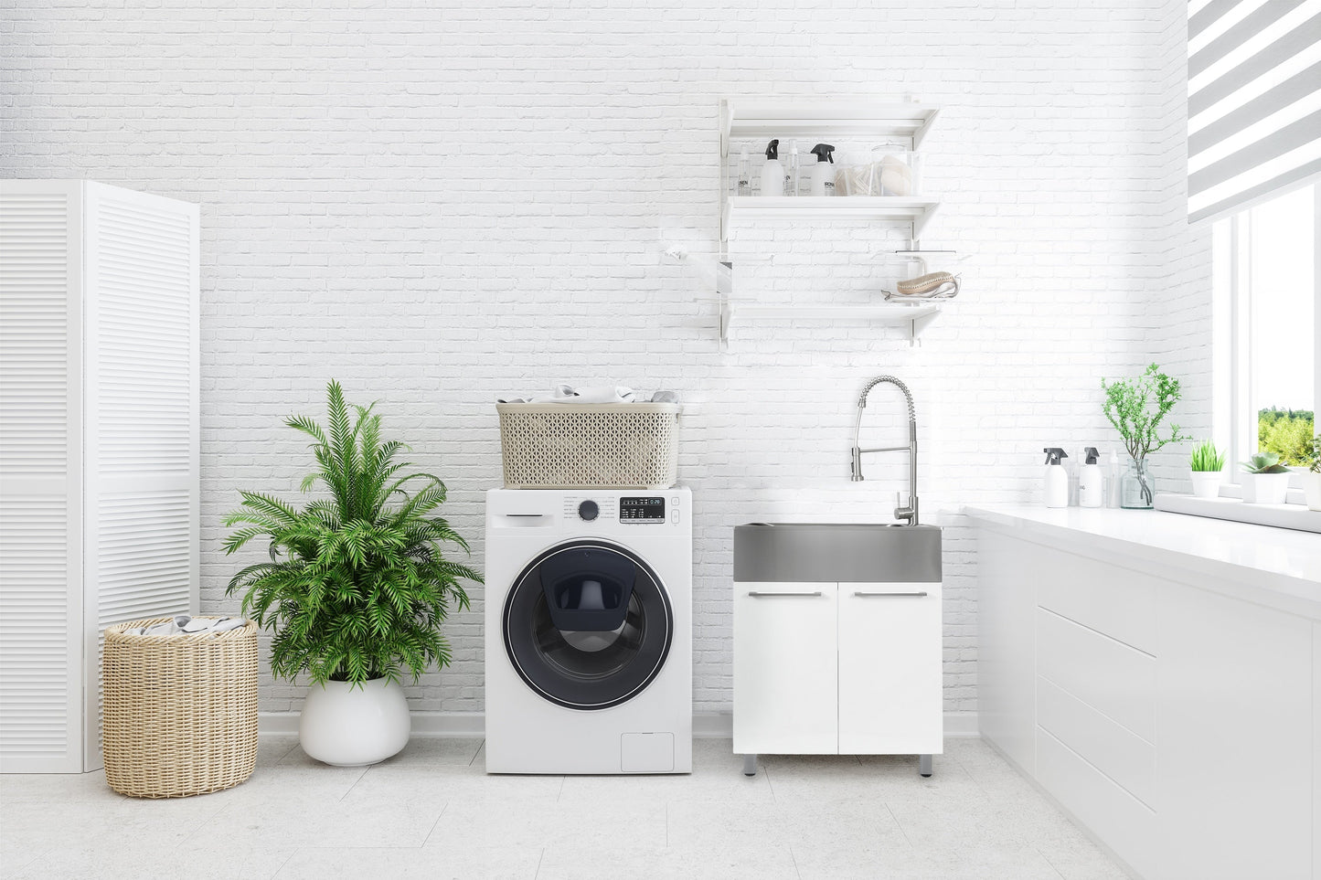 Presenza Brushed Steel Utility Tub with Faucet and Cabinet