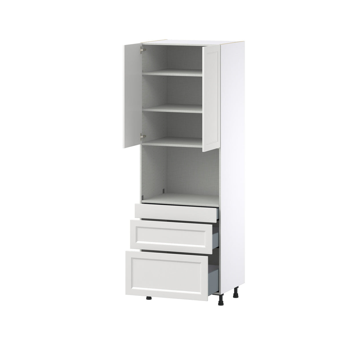 Hugo&Borg Riviera 30-in W x 89.5-in H x 24-in D Bright White 3-Drawers Microwave Pantry Fully Assembled Cabinet (Recessed Panel Shaker Style)