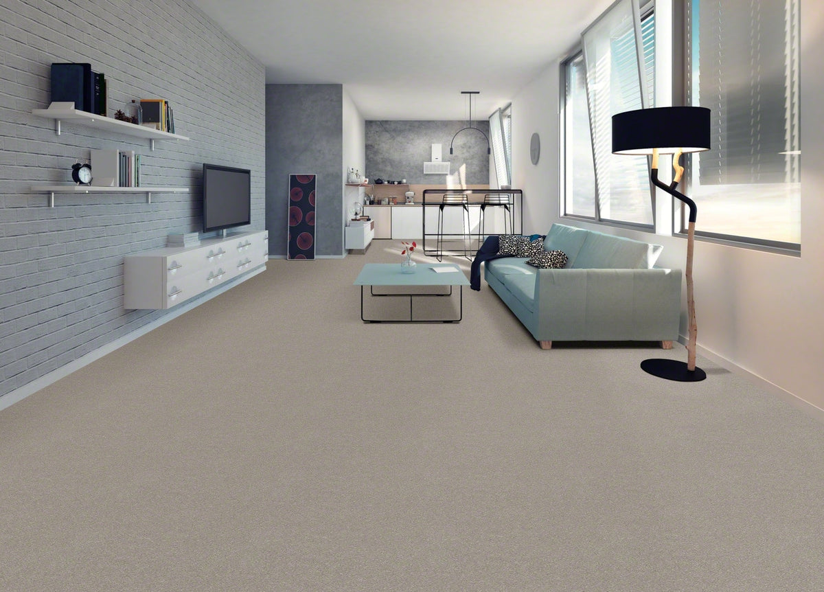 STAINMASTER Essentials Blue Diamonds I 15-ft Greige Textured Indoor Carpet, 48.8-oz Face Weight