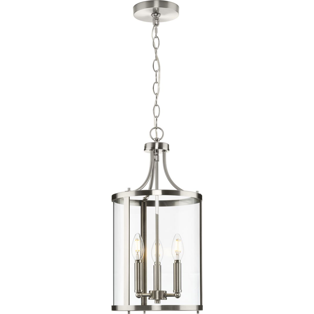 Progress Lighting Gilliam 3-Light Brushed Nickel Farmhouse Clear Glass Cylinder Medium Hanging Pendant Light
