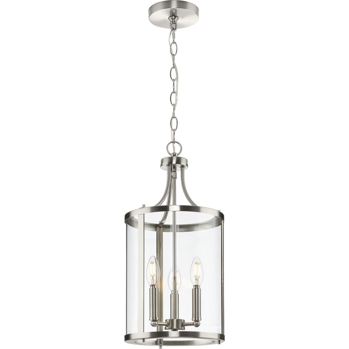 Progress Lighting Gilliam 3-Light Brushed Nickel Farmhouse Clear Glass Cylinder Medium Hanging Pendant Light