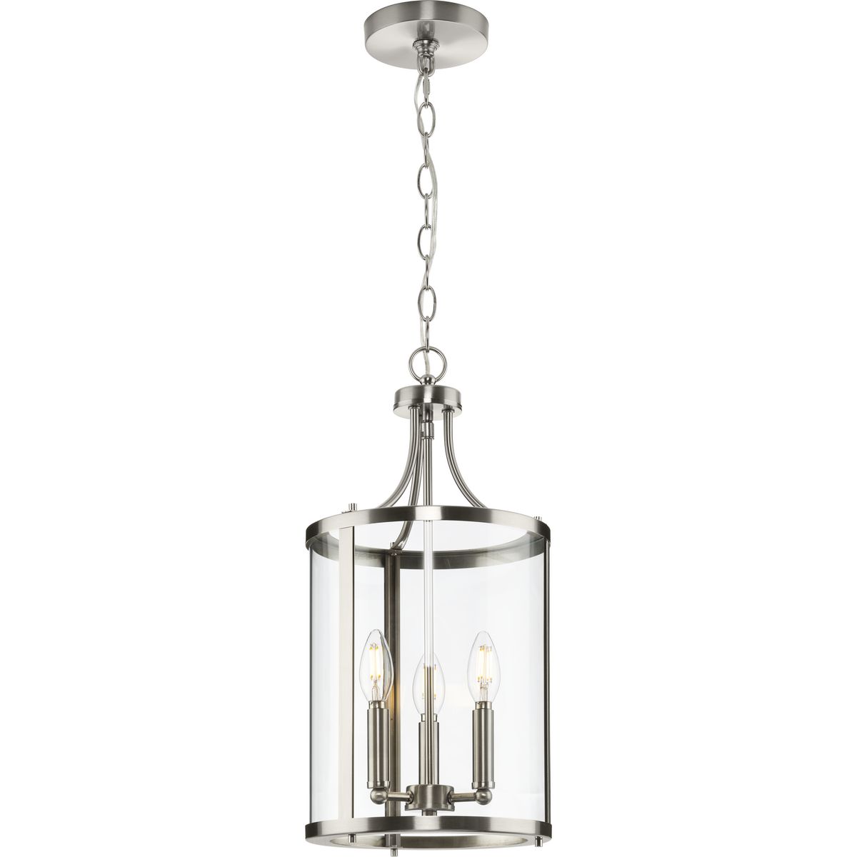 Progress Lighting Gilliam 3-Light Brushed Nickel Farmhouse Clear Glass Cylinder Medium Hanging Pendant Light